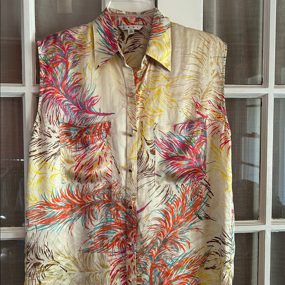 Cabi Colorful Feather Print Sleeveless Silk Blouse Top Collared Designer Buttons
